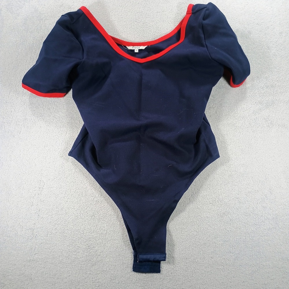 French Women Bodysuit Navy‎ Blue Red Trim Medium Short Sleeve Scoop Neck